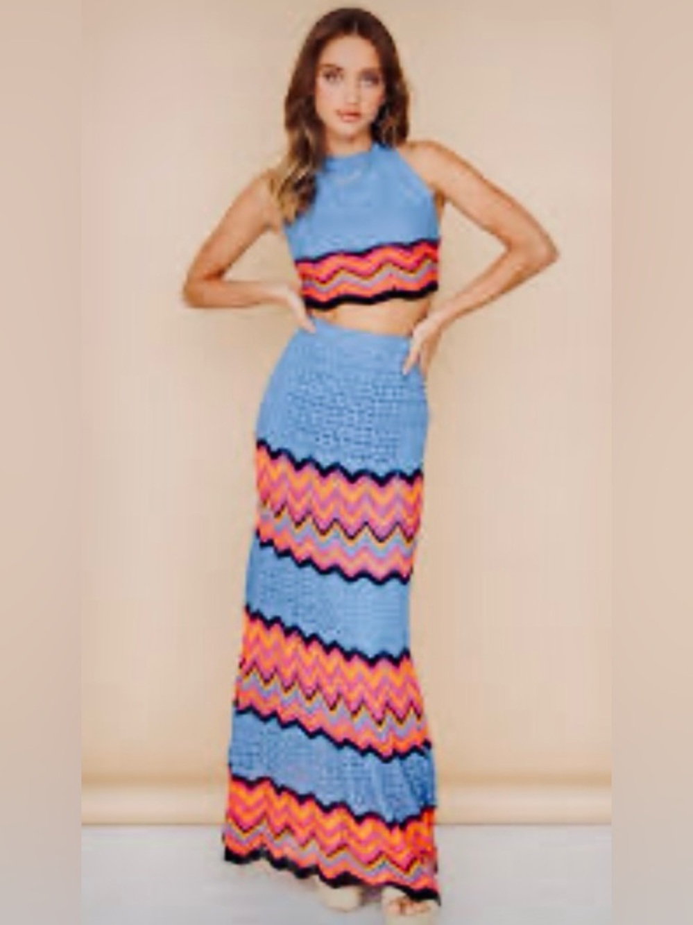Blue Chevron Crochet Maxi Skirt - Women